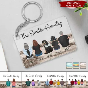 Family Sitting Back View Retro Vintage Beach Landscape Acrylic Keychain