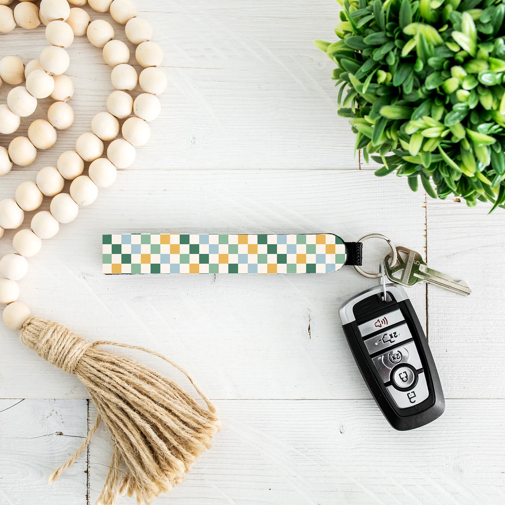 Green Blue Mustard Check Lip Balm Holder & Wristlet