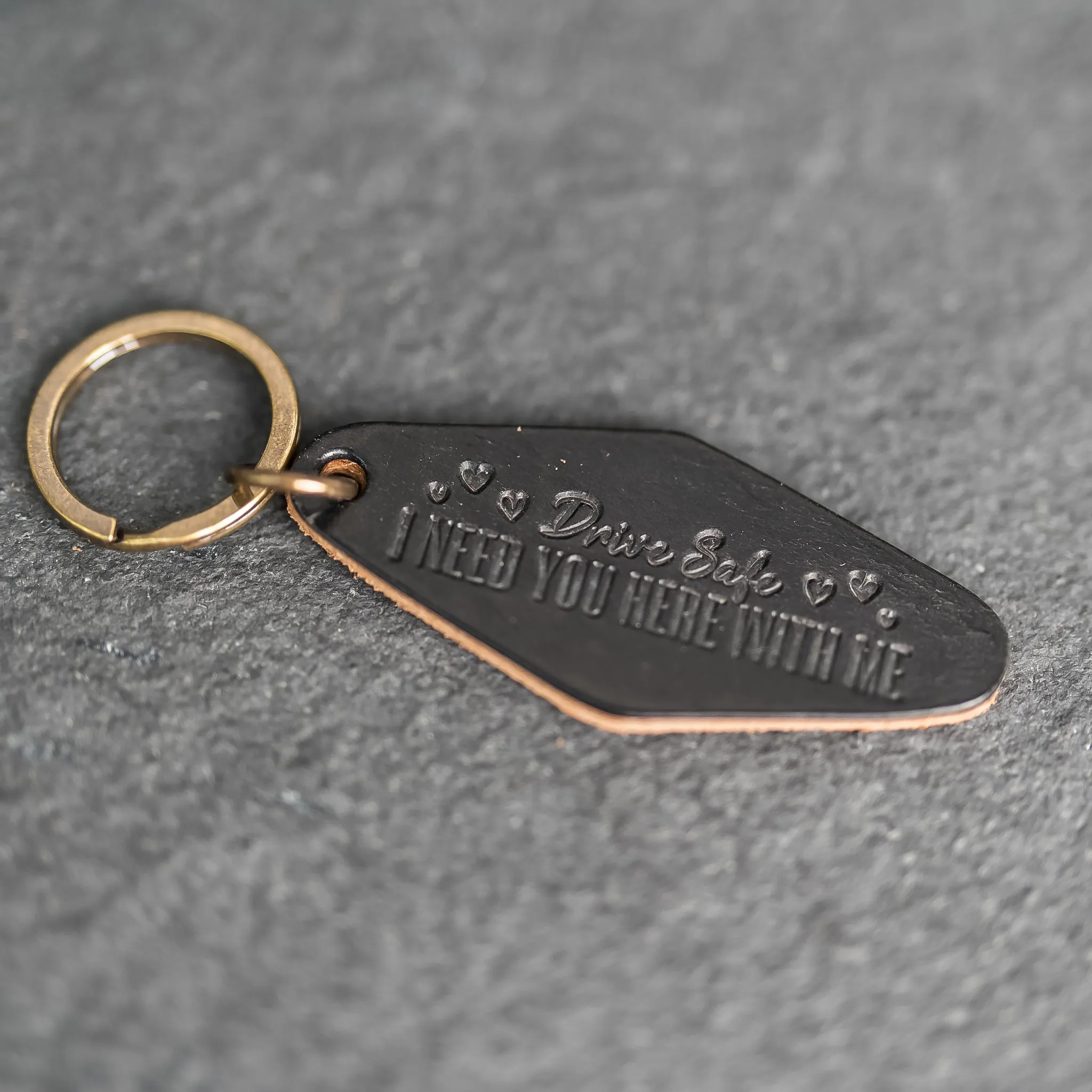 Leather Motel Key Shape Keychain with a Drive Safe Stamp Design