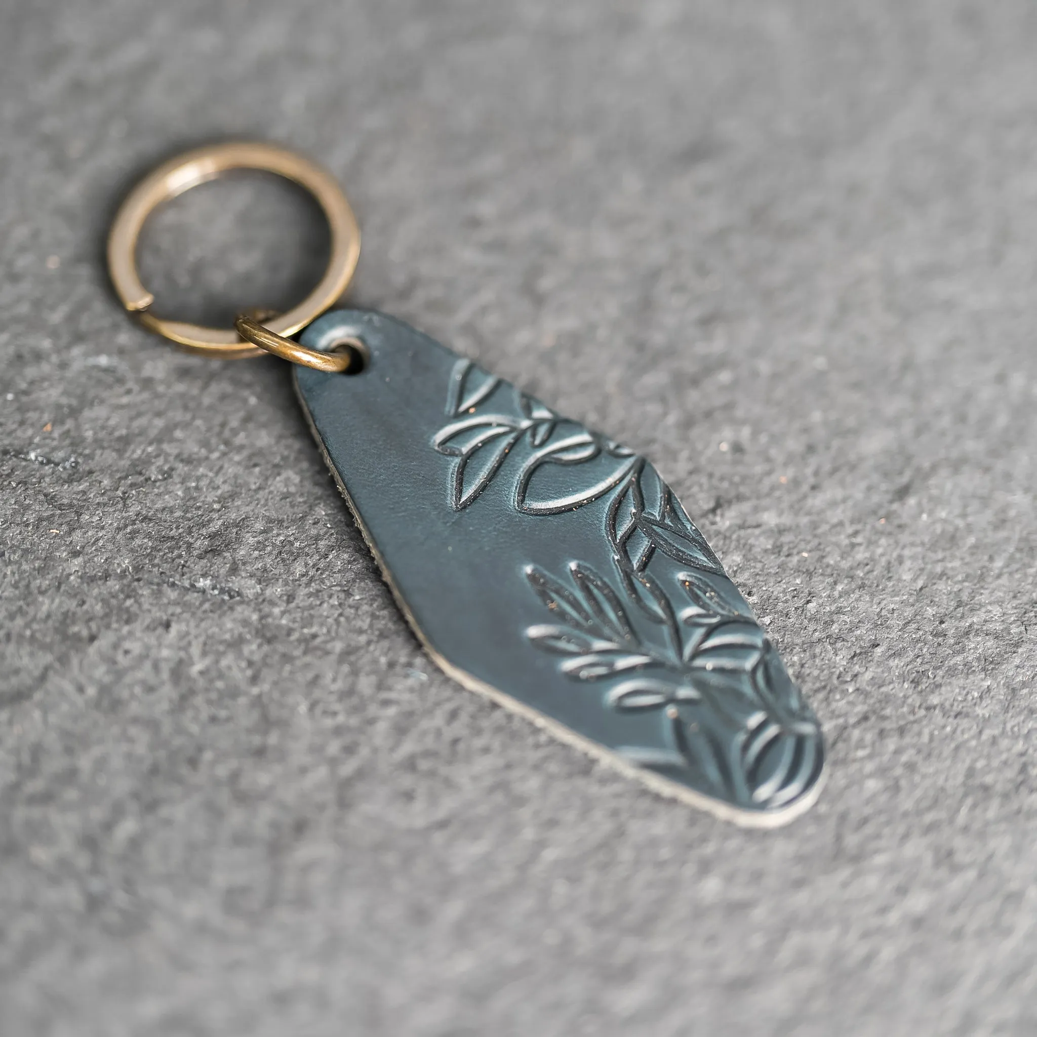 Leather Motel Key Shape Keychain with Floral Stamp Design