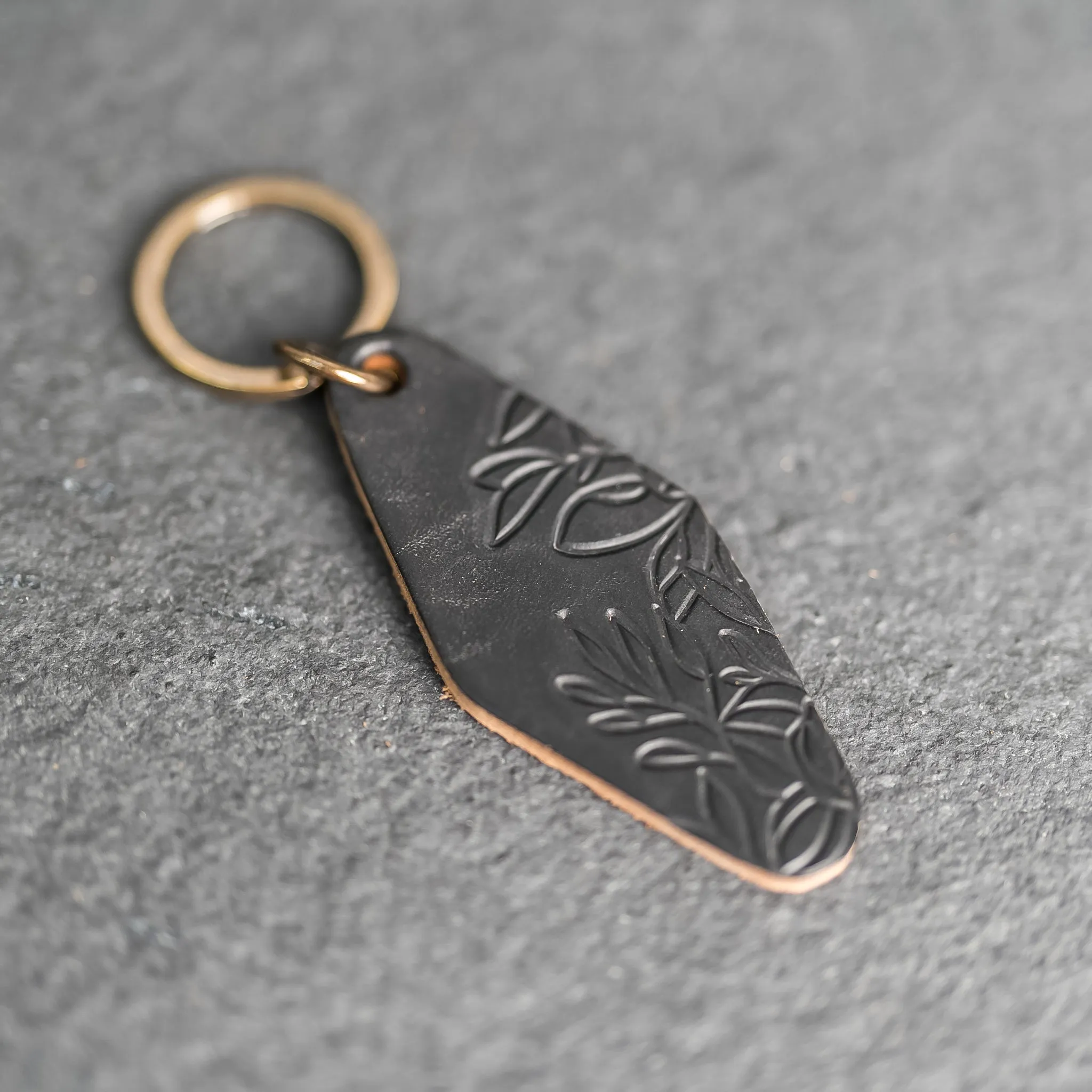 Leather Motel Key Shape Keychain with Floral Stamp Design