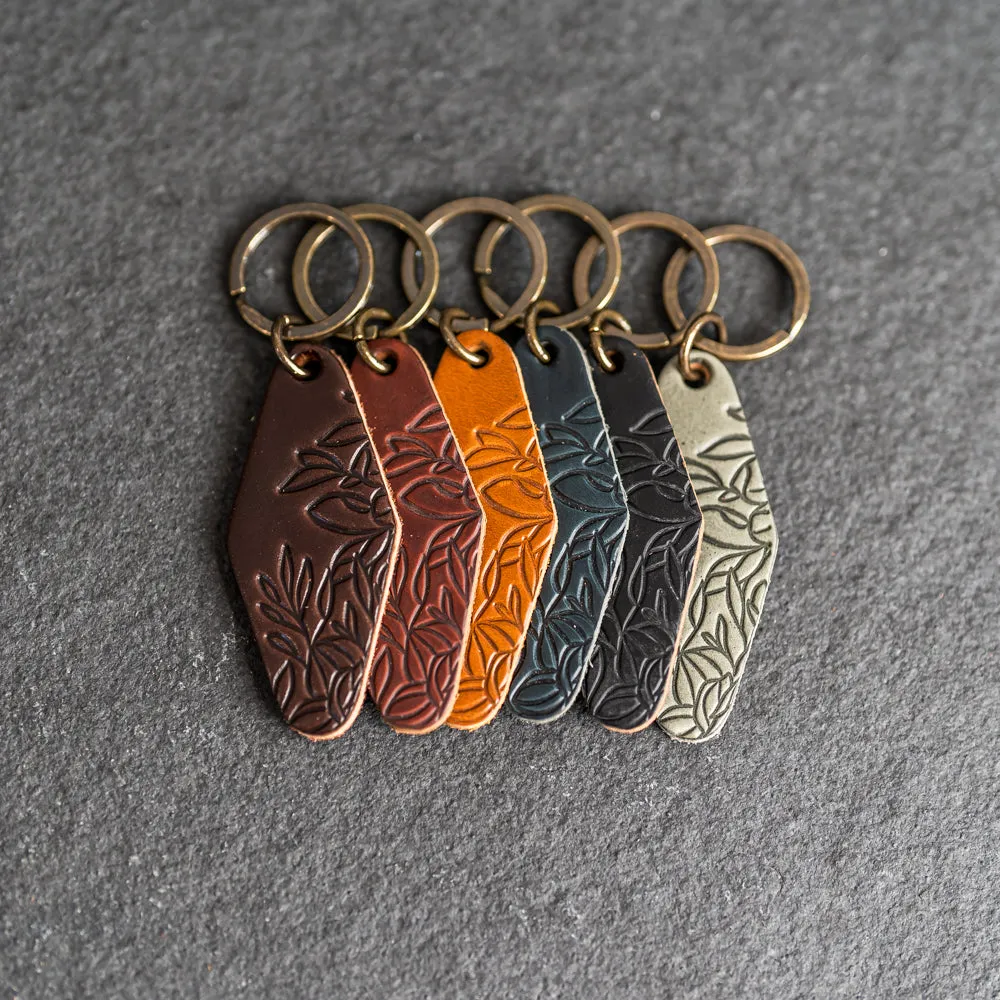 Leather Motel Key Shape Keychain with Floral Stamp Design