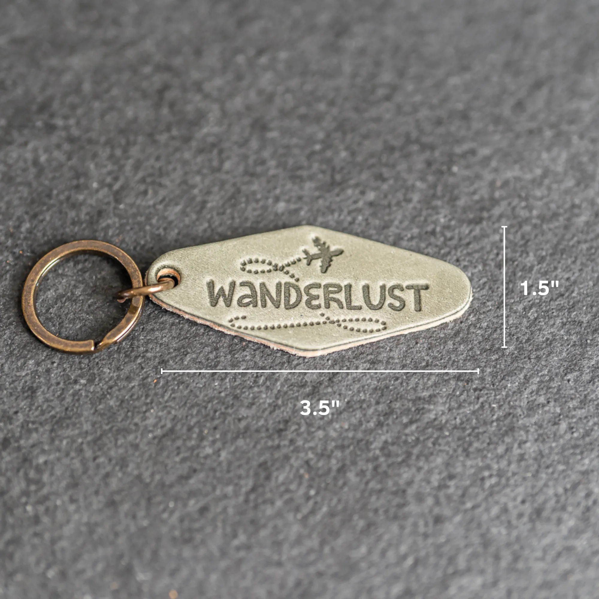 Leather Motel Key Shape Keychain with Wanderlust Stamp Design