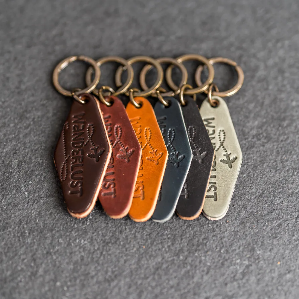 Leather Motel Key Shape Keychain with Wanderlust Stamp Design