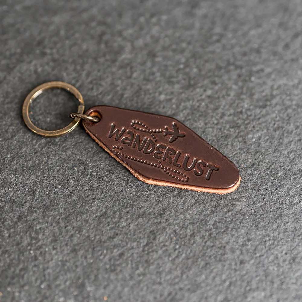 Leather Motel Key Shape Keychain with Wanderlust Stamp Design