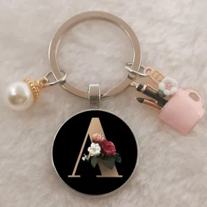 Personalized A-Z Initial Letter Pearl and Flowers Keychain