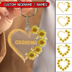 Personalized Grandma Mom Sunflower Heart Acrylic Keychain