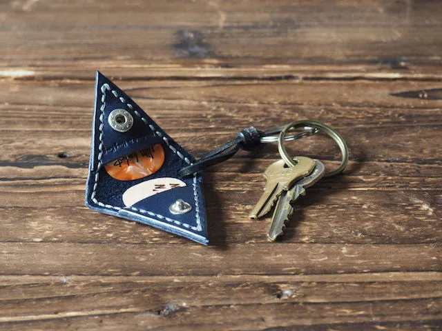 Personalized Hand-Tooled Leather Guitar Pick Holder Keychain #Navy Blue with Pattern