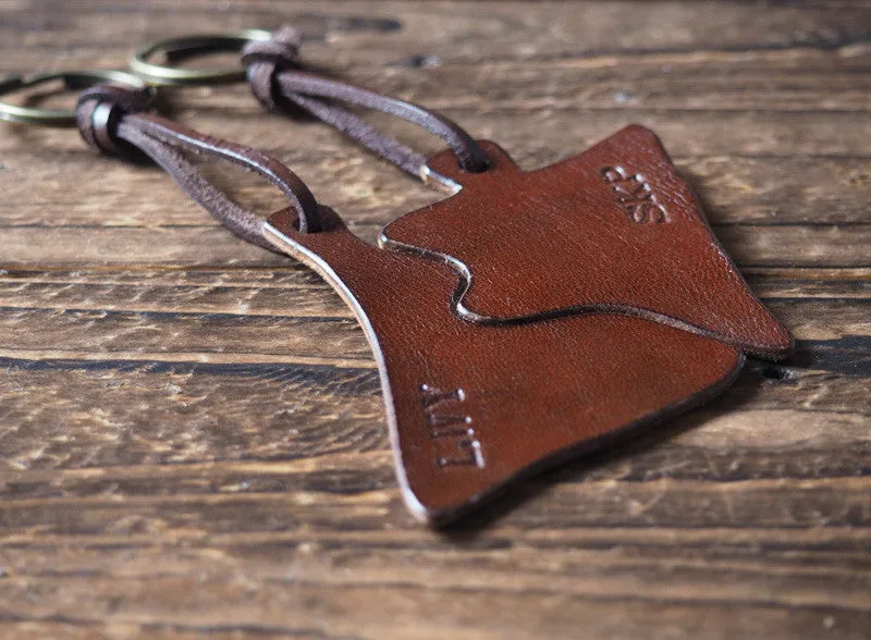 Personalized Leather Matching Couple Keychains Set #Brown