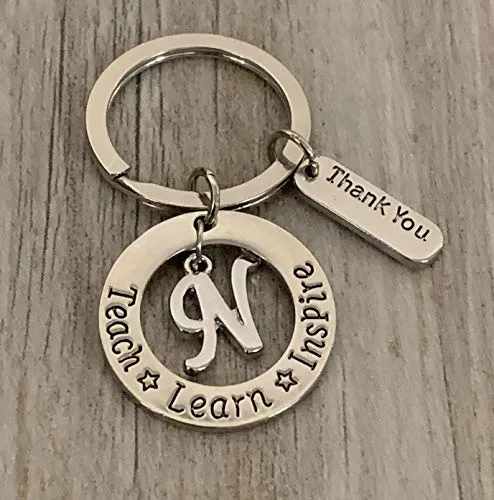 Personalized Teacher Keychain with Letter Charm, Custom Teacher Jewelry